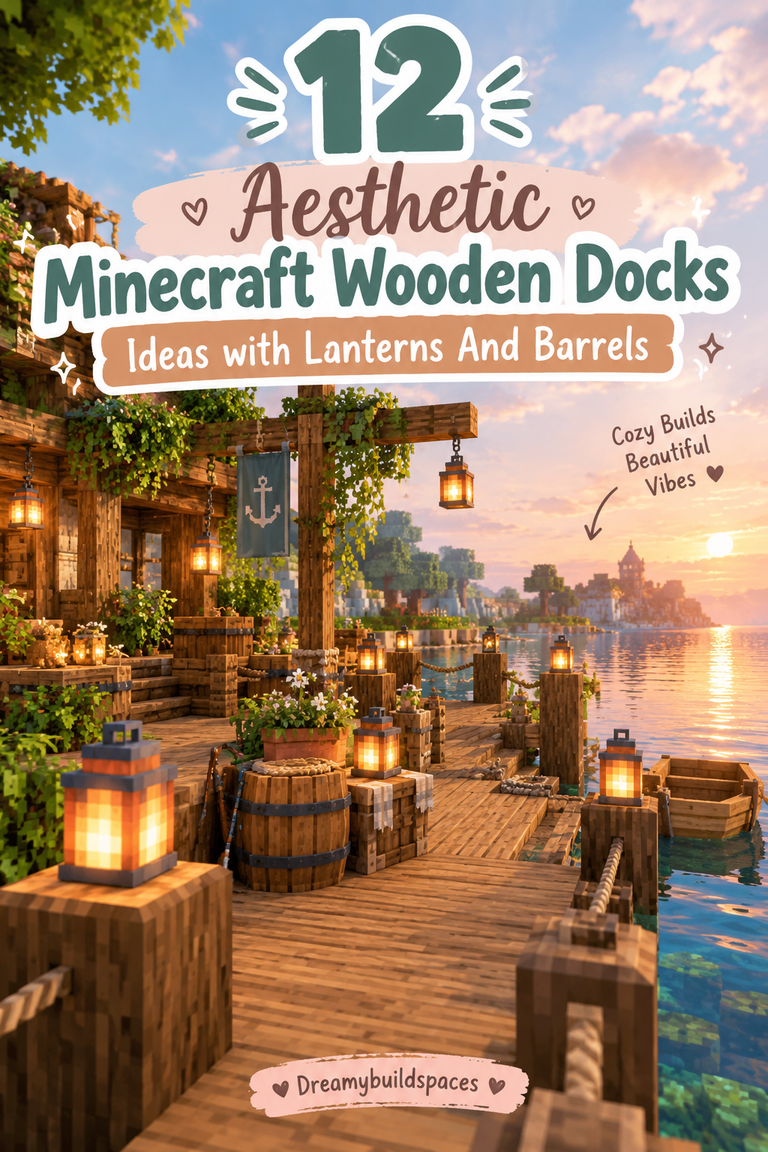 12 Aesthetic Minecraft Wooden Dock Ideas with Lanterns And Barrels